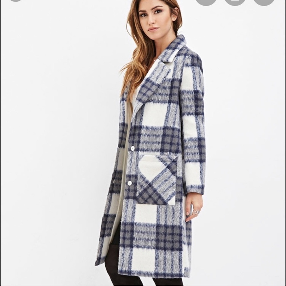 Forever 21 Womens‎ Blue Cream Plaid Longline Duster Coat Medium